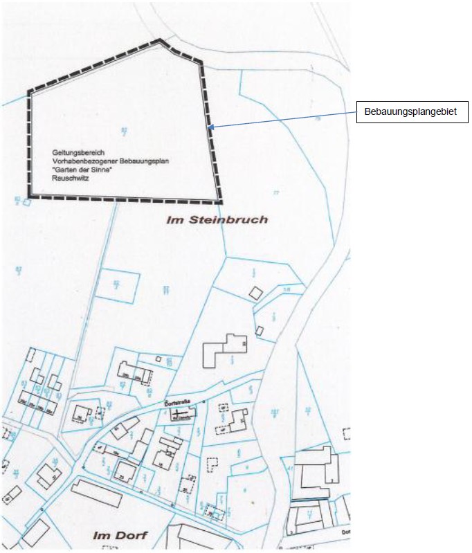 Zeichnerische Abgrenzung des Geltungsbereiches des vorhabenbezogenen Bebauungsplanes Nr. 1 „Garten der Sinne“ (ohne Maßstab)